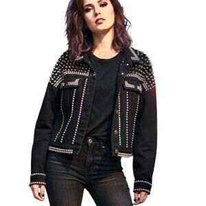 NWOT SALT Heavily Studded Drop Shoulder Black Cropped Denim Jacket Size M / L